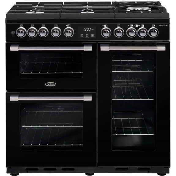 BELLING COOKCENTRE GAS THROUGH GLASS ELECTRIC OVEN BLACK UPRIGHT 90CM