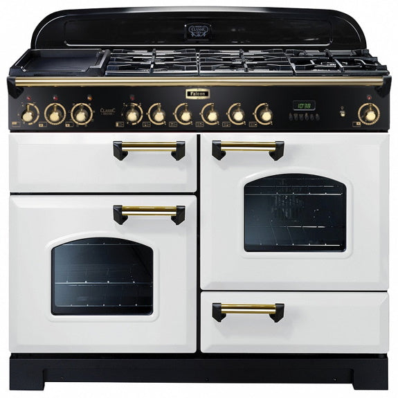 Falcon Classic Deluxe 110cm Dual Fuel Cooker - White and Brass
