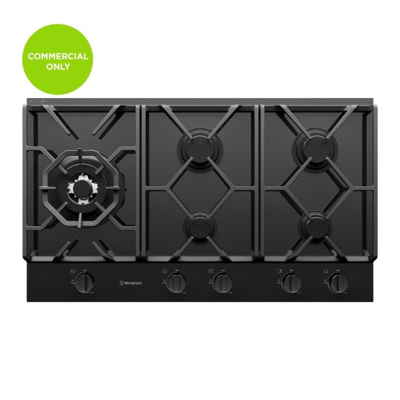 WESTINGHOUSE 5 BURNER BLACK CERAMIC GLASS GAS COOKTOP - COMMERCIAL ONLY 90CM