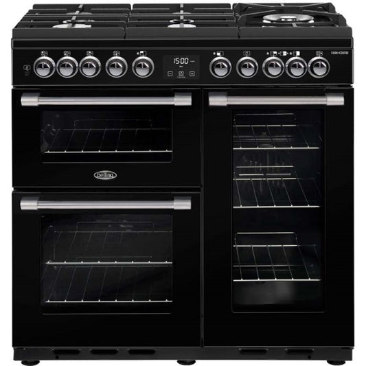 BELLING COOKCENTRE GAS THROUGH GLASS ELECTRIC OVEN BLACK UPRIGHT 90CM