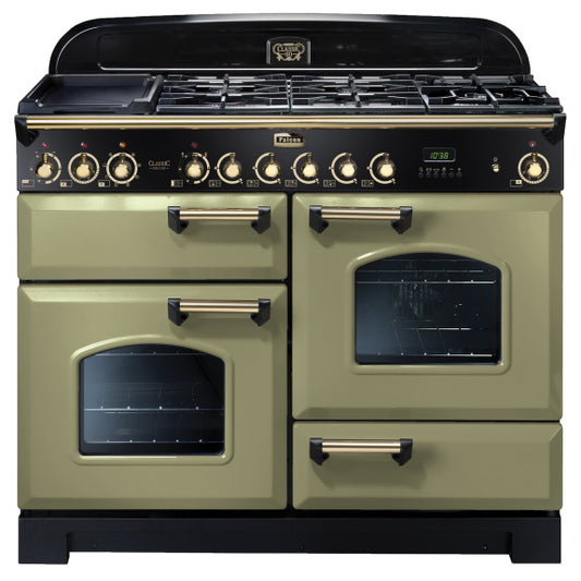 Falcon Classic Deluxe 110cm 5 Burner Duel Fuel Cooker - Olive Green and Brass