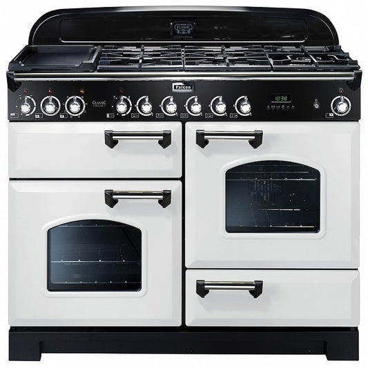 Falcon Classic Deluxe 110cm Dual Fuel Freestanding Cooker - White & Chrome