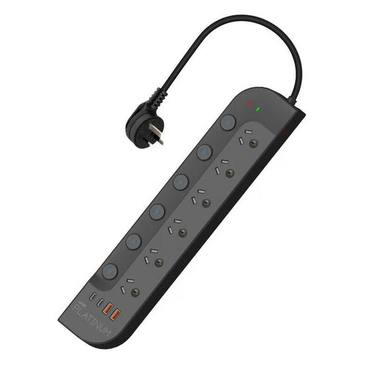 Crest Platinum 1.8M Surge Protector 6 Socket Switched Power Board with 4 USB Ports PD 65W - Black