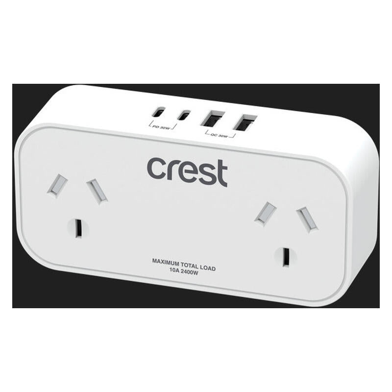 Crest 30W Power Adaptor 2 Sockets with 4 USB Ports