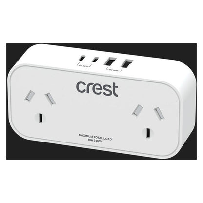 Crest 30W Power Adaptor 2 Sockets with 4 USB Ports