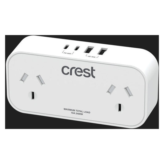 Crest 30W Power Adaptor 2 Sockets with 4 USB Ports