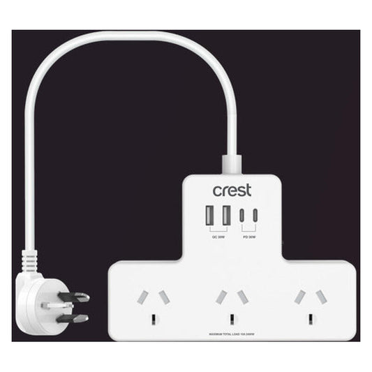 Crest 0.9M 30W Power Hub 3 Sockets with 4 USB Ports & Surge Protection