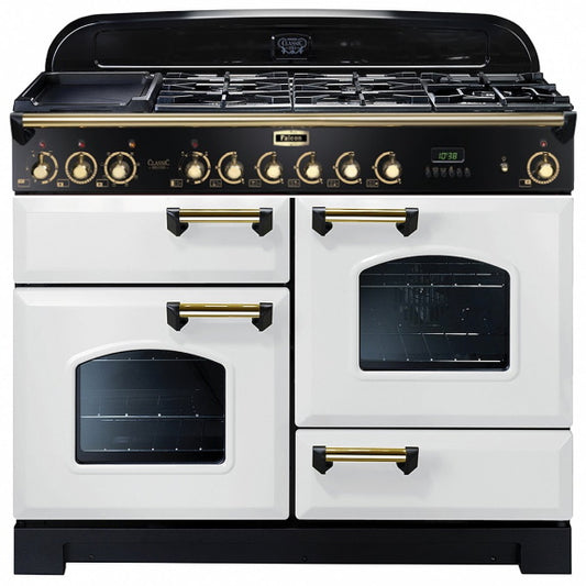 Falcon Classic Deluxe 110cm Dual Fuel Cooker - White and Brass