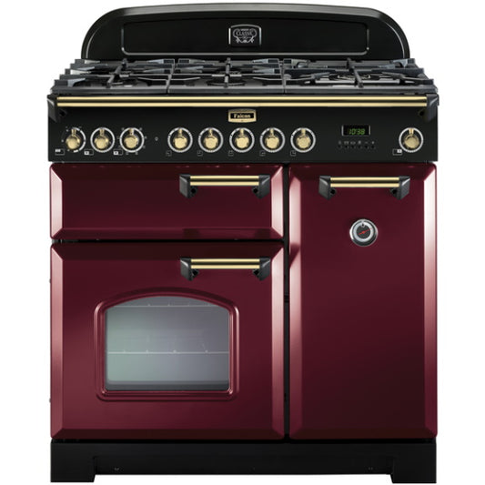Falcon Classic Deluxe 90cm Dual Fuel Cooker - Cranberry and Brass
