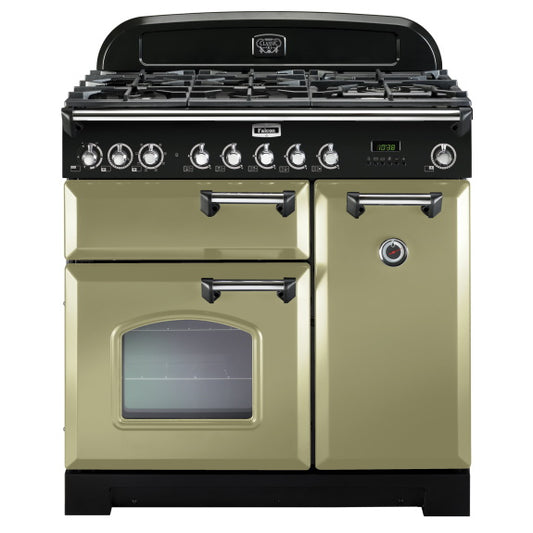 Falcon Classic Deluxe 90cm Dual Fuel Cooker - Olive Green and Chrome