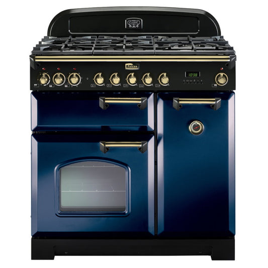Falcon Classic Deluxe 90cm Dual Fuel Cooker - Royal Blue and Brass