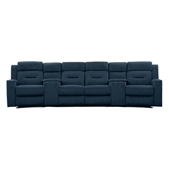 Mackay 4 Seater Home Theatre Electric Recliner Fabric Lounge with E-Consoles - Navy