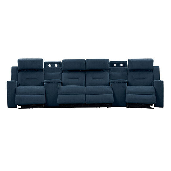 Mackay 4 Seater Home Theatre Electric Recliner Fabric Lounge with E-Consoles - Navy