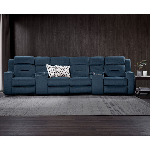 Mackay 4 Seater Home Theatre Electric Recliner Fabric Lounge with E-Consoles - Navy