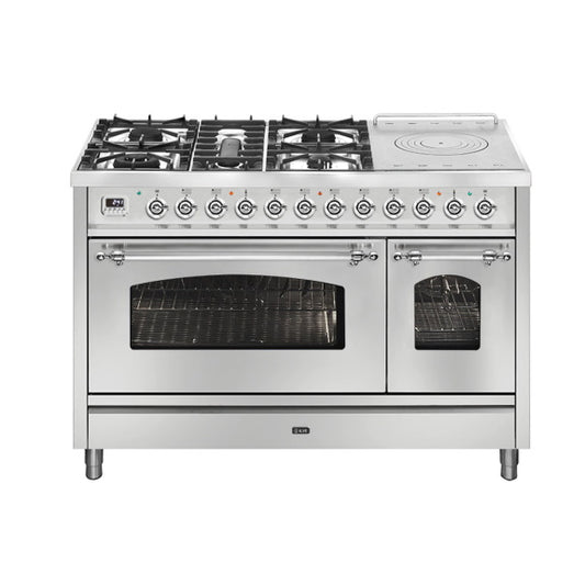 Ilve Nostalgie 120cm 5 Zone Double Oven Freestanding Cooker - Stainless Steel/Chrome