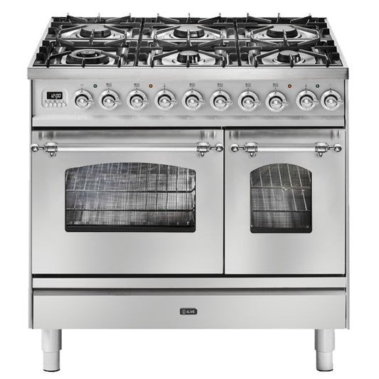 Ilve Nostalgie 90cm 6 Burner Double Oven Freestanding Cooker - Stainless Steel/Chrome