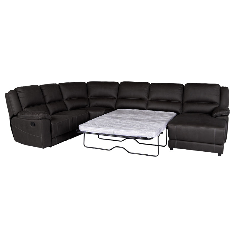 Oregon 6 Seater Fabric Corner Recliner with Chaise and Sofa Bed - Jet