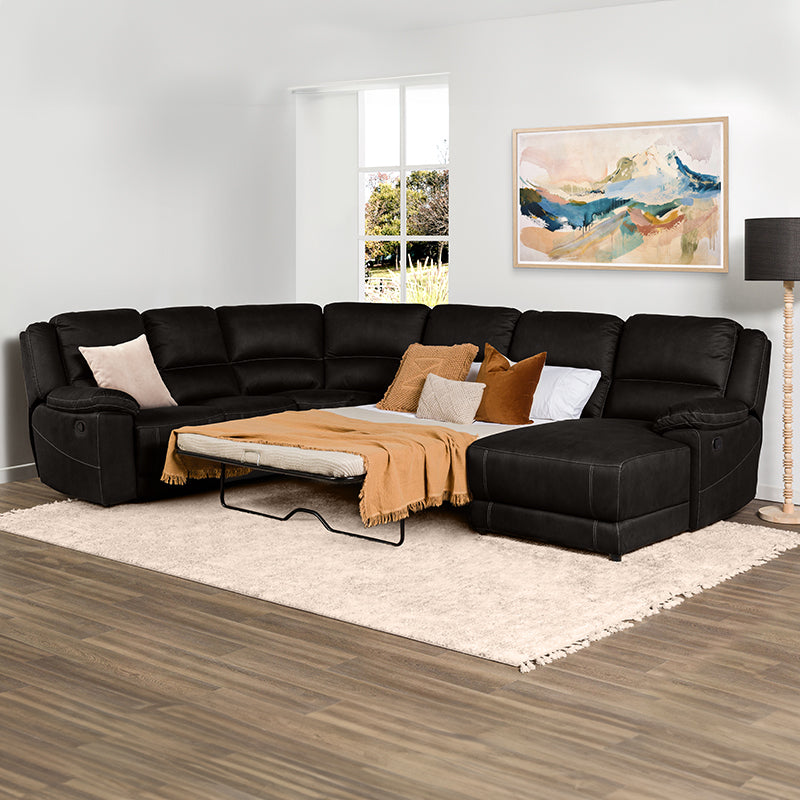 Oregon 6 Seater Fabric Corner Recliner with Chaise and Sofa Bed - Jet