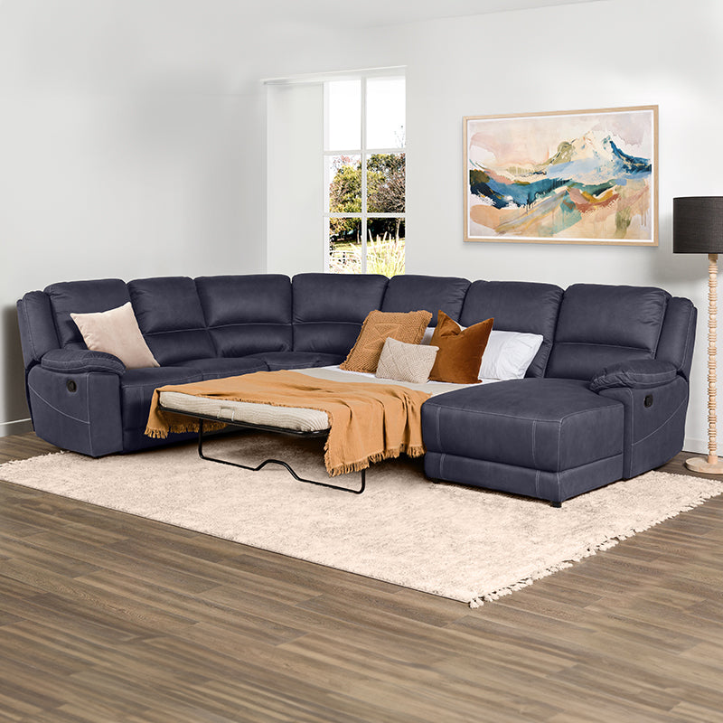 Oregon 6 Seater Fabric Corner Recliner with Chaise and Sofa Bed - Navy