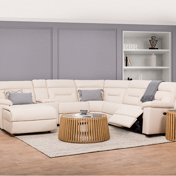 Renato 5 Seater Corner Leather Recliner Lounge with LHF Chaise - Taupe