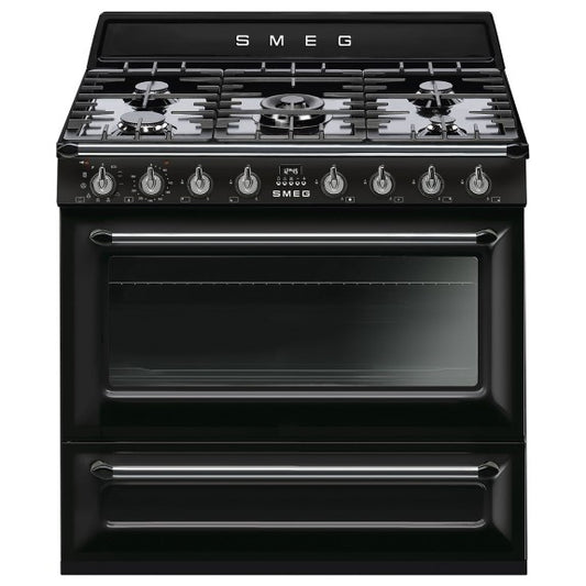 Smeg Victoria 90cm Dual Fuel Gas Hob Pyro Cooker - Black