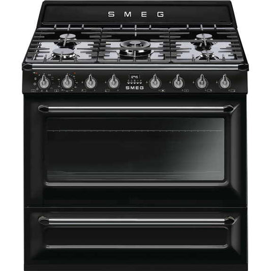 Smeg Victoria 90cm 5 Burner Dual Fuel Pyrolytic Cooker - Black