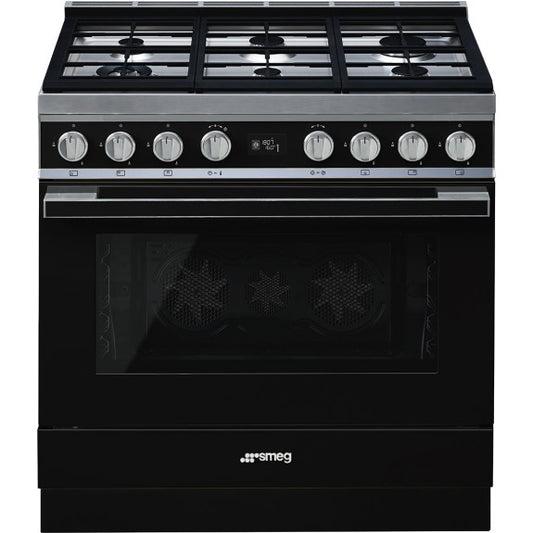 Smeg Portofino 90cm Dual Fuel Pyrolytic Freestanding Cooker - Black