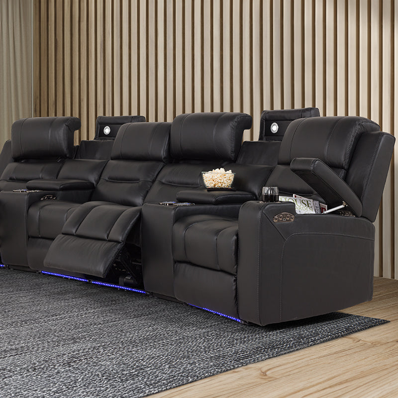 Spielberg 4 Seater Home Theatre Electric Recliner Leather Lounge - Black