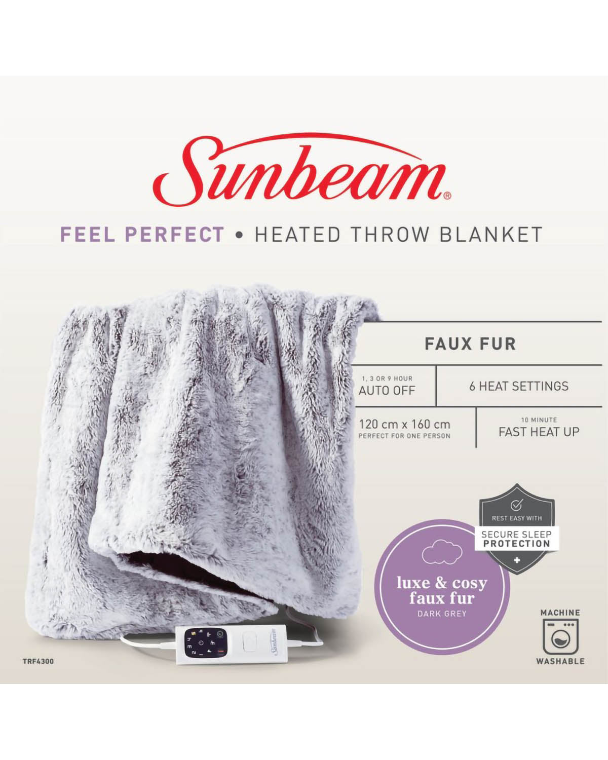 Sunbeam Feel Perfect Faux Fur Heated Throw - Grey