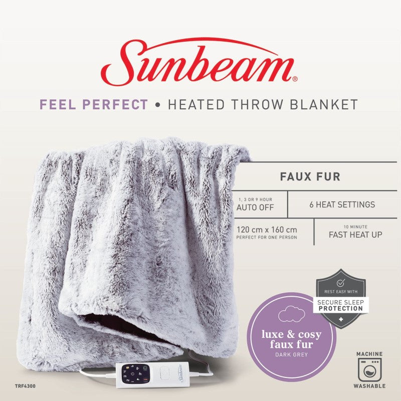Sunbeam Feel Perfect Faux Fur Heated Throw - Grey