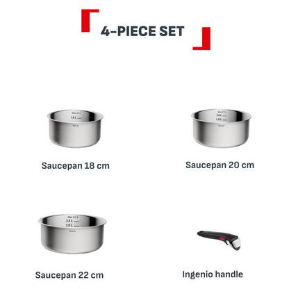 Tefal Ingenio Emotion+ 4 Piece Induction Uncoated Stainless Steel Pot Set