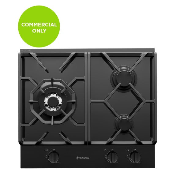 WESTINGHOUSE 3 BURNER BLACK CERAMIC GLASS GAS COOKTOP - COMMERCIAL ONLY 60CM