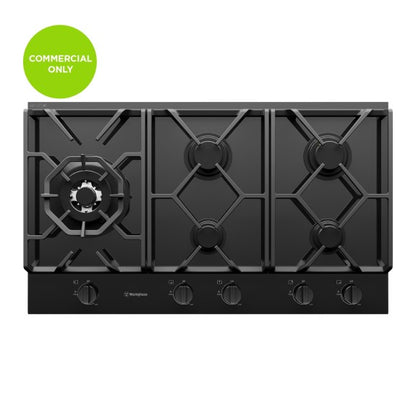WESTINGHOUSE 5 BURNER BLACK CERAMIC GLASS GAS COOKTOP - COMMERCIAL ONLY 90CM